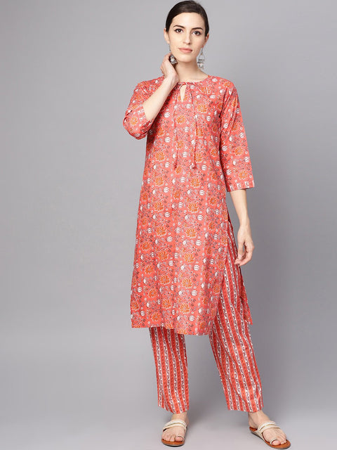 Coral Pink Floral print Kurta Set with pants