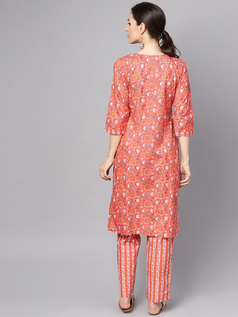 Coral Pink Floral print Kurta Set with pants