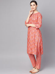 Coral Pink Floral print Kurta Set with pants