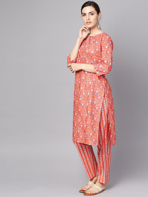 Coral Pink Floral print Kurta Set with pants