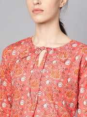 Coral Pink Floral print Kurta Set with pants