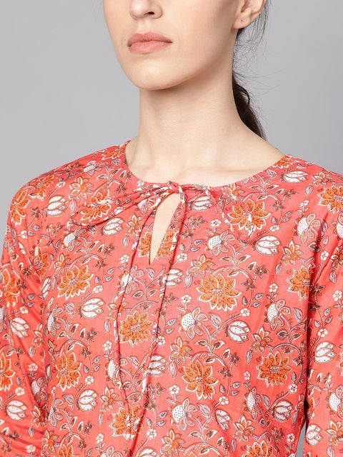 Coral Pink Floral print Kurta Set with pants