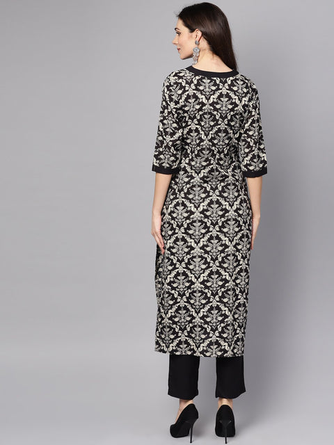 Black & white Floral printed Kurta Set with Pants