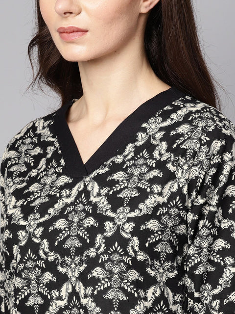 Black & white Floral printed Kurta Set with Pants