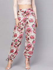 Women Off-White & Pink Floral Printed Palazzo