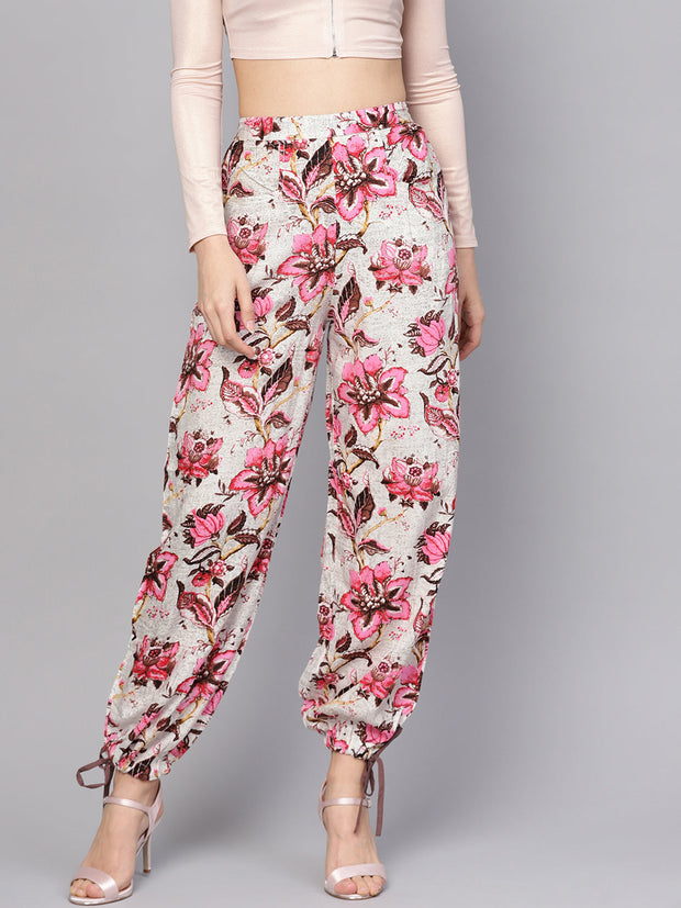 Women Off-White & Pink Floral Printed Palazzo