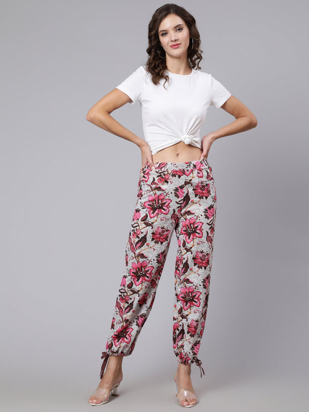 Women Off-White & Pink Floral Printed Palazzo