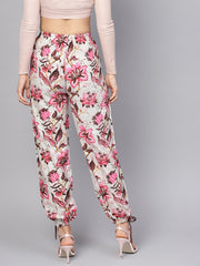Women Off-White & Pink Floral Printed Palazzo