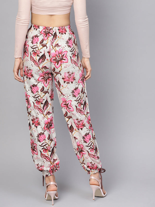 Women Off-White & Pink Floral Printed Palazzo