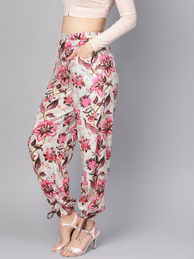 Women Off-White & Pink Floral Printed Palazzo