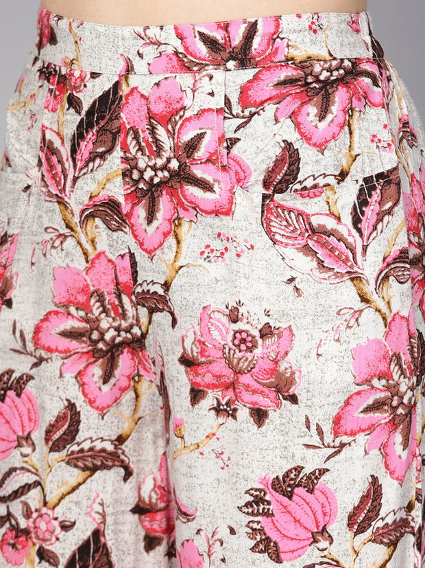 Women Off-White & Pink Floral Printed Palazzo