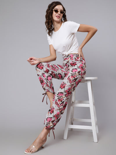 Women Off-White & Pink Floral Printed Palazzo