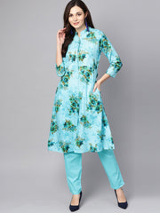 Sky blue Floral Printed Kurta set with Solid pants