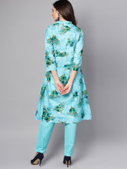 Sky blue Floral Printed Kurta set with Solid pants