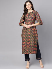 Navy blue & Gold khadi Floral printed kurta set with Solid Navy blue Pants