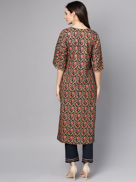 Navy blue & Gold khadi Floral printed kurta set with Solid Navy blue Pants