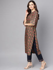 Navy blue & Gold khadi Floral printed kurta set with Solid Navy blue Pants