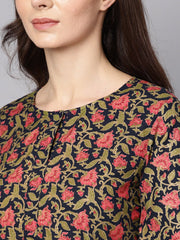 Navy blue & Gold khadi Floral printed kurta set with Solid Navy blue Pants