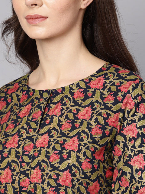 Navy blue & Gold khadi Floral printed kurta set with Solid Navy blue Pants