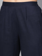 Navy blue & Gold khadi Floral printed kurta set with Solid Navy blue Pants