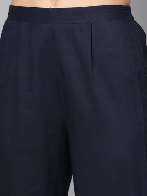 Navy blue & Gold khadi Floral printed kurta set with Solid Navy blue Pants