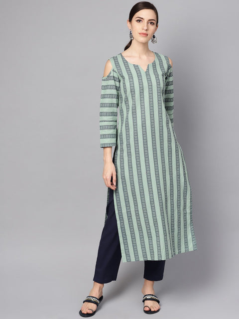 Pastel Green printed Kurta Set with Solid Navy blue Pants