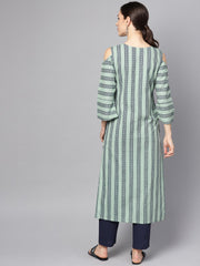 Pastel Green printed Kurta Set with Solid Navy blue Pants