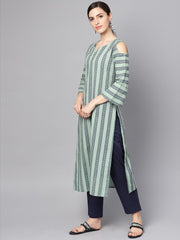 Pastel Green printed Kurta Set with Solid Navy blue Pants