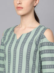 Pastel Green printed Kurta Set with Solid Navy blue Pants