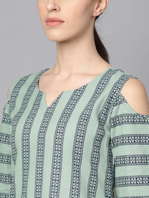 Pastel Green printed Kurta Set with Solid Navy blue Pants