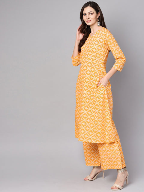 Yellow Geometric Printed Kurta set with Flared palazzo