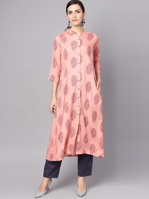 Pastel pink Printed Kurta set with Solid dark Grey pants