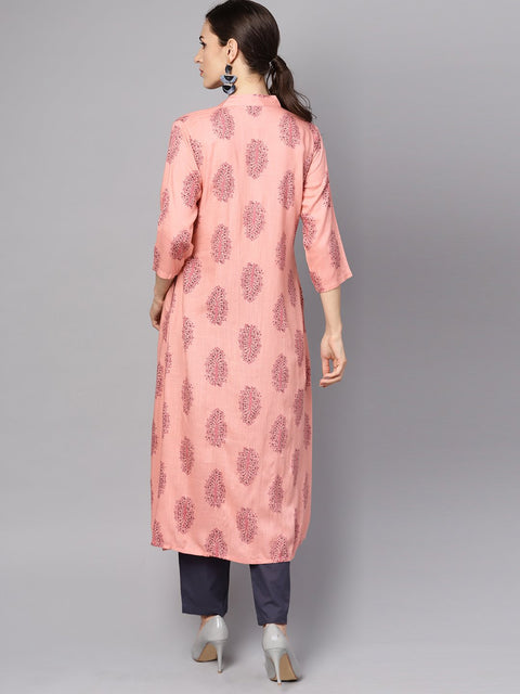 Pastel pink Printed Kurta set with Solid dark Grey pants