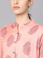 Pastel pink Printed Kurta set with Solid dark Grey pants