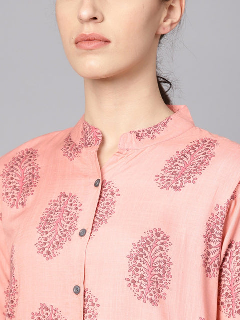 Pastel pink Printed Kurta set with Solid dark Grey pants