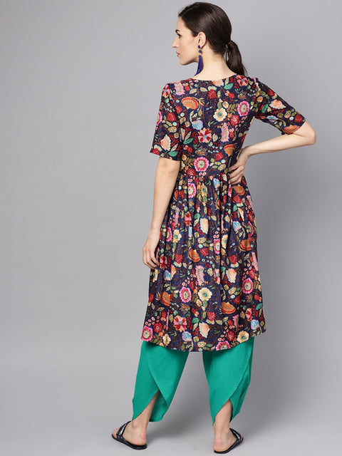Navy Blue Multi Colored pleated Kurta with Solid Tulip Pants