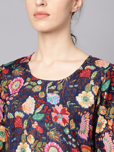 Navy Blue Multi Colored pleated Kurta with Solid Tulip Pants