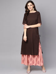 Solid Brown half sleeve Kurta Set with Printed Sharara
