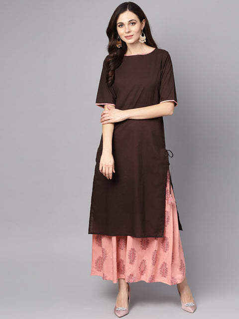 Solid Brown half sleeve Kurta Set with Printed Sharara