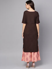 Solid Brown half sleeve Kurta Set with Printed Sharara
