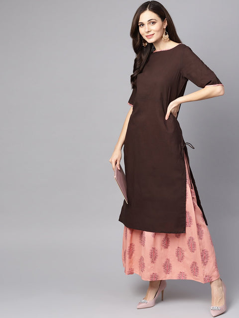 Solid Brown half sleeve Kurta Set with Printed Sharara