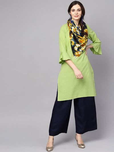 Pastel green Round neck Kurta With Rayon Printed Stole