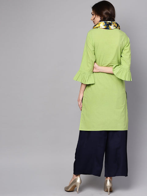 Pastel green Round neck Kurta With Rayon Printed Stole