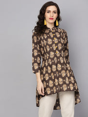 Chocolate Brown Printed Tunic with Madarin Collar and 3/4 sleeves