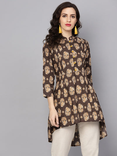 Chocolate Brown Printed Tunic with Madarin Collar and 3/4 sleeves