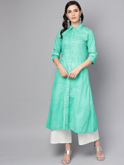 Turquoise Blue A-line Kurta with Shirt collar & 3/4 sleeves