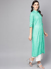 Turquoise Blue A-line Kurta with Shirt collar & 3/4 sleeves