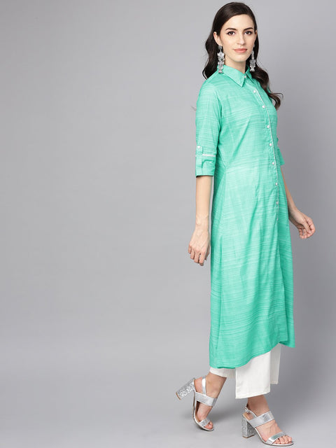 Turquoise Blue A-line Kurta with Shirt collar & 3/4 sleeves