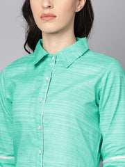 Turquoise Blue A-line Kurta with Shirt collar & 3/4 sleeves