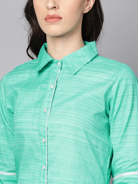 Turquoise Blue A-line Kurta with Shirt collar & 3/4 sleeves